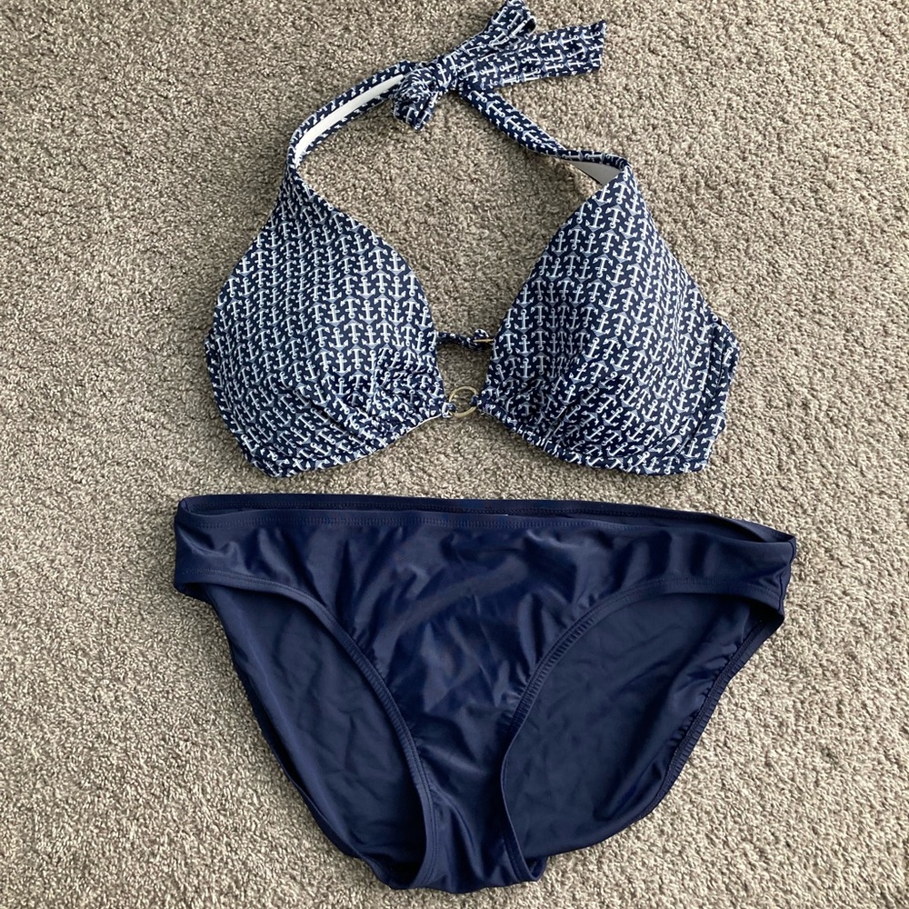 MERONA NAVY/WHITE ANCHOR halter BIKINI, XL